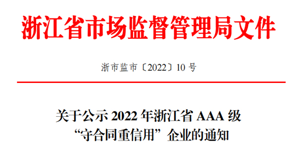 瑞通科技榮獲2022年浙江省AAA級“守合同重信用”企業(yè)稱號